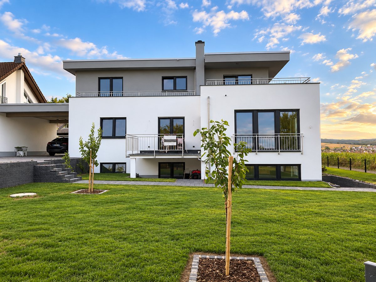 Fertiges weißes Mehrfamilienhaus mit Garten