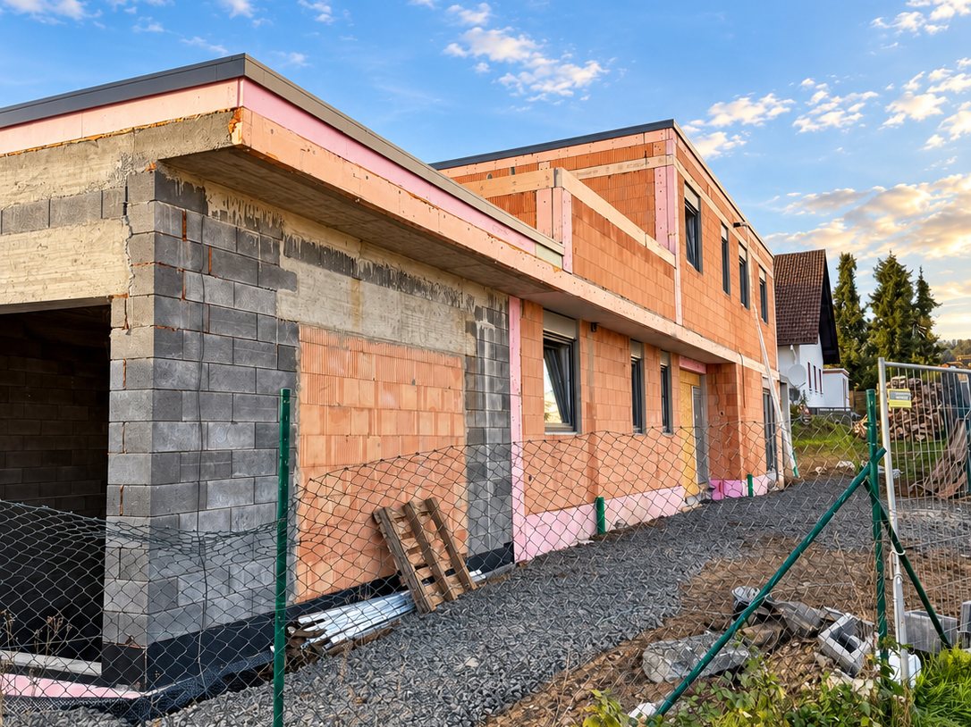 Rohbau eines Wohnhauses mit Garage